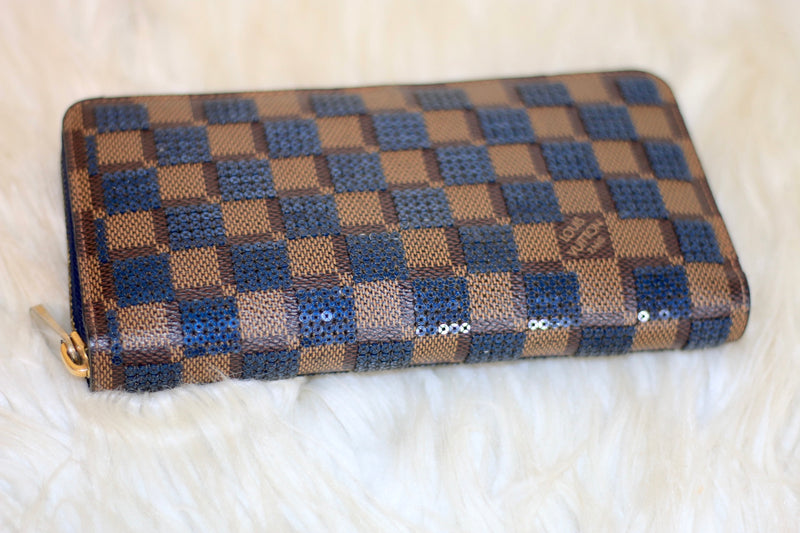 Damier Ebene Paillets Blue Sequin Zippy Wallet